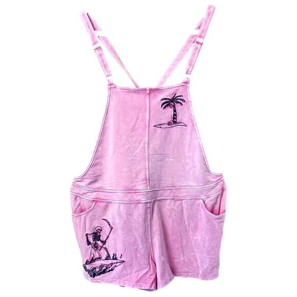 TORRID Plus Size Mauve Wash  Shortfall French Terry Surf Skulls Short Overalls - Picture 1 of 16